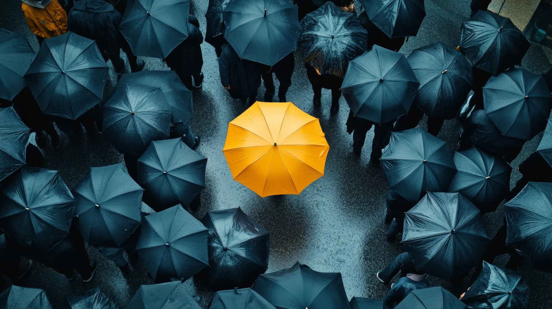 A yellow umbrella among a crowd of black umbrellas